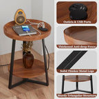 Gadroad Round End Table with Charging Station, USB Ports, Wood Tabletop & Black Metal Frame, 2-Tier Side Table for Living Room, Bedroom, Brown 15.7 * 15.7 * 23.0inches - color: Brown, style: with Charging Station