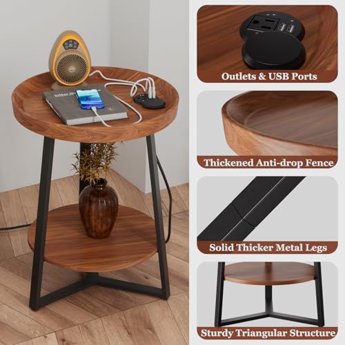 Gadroad Round End Table with Charging Station, USB Ports, Wood Tabletop & Black Metal Frame, 2-Tier Side Table for Living Room, Bedroom, Brown 15.7 * 15.7 * 23.0inches - color: Brown, style: with Charging Station