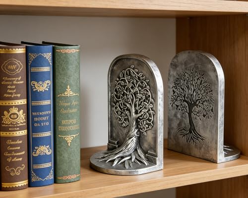 Tree of Life 3D Bookends with Intricate Details, Solid Resin Construction Non-Slip Design, Metallic Silver Decor for Home Library, Office - color: Metallic Silver