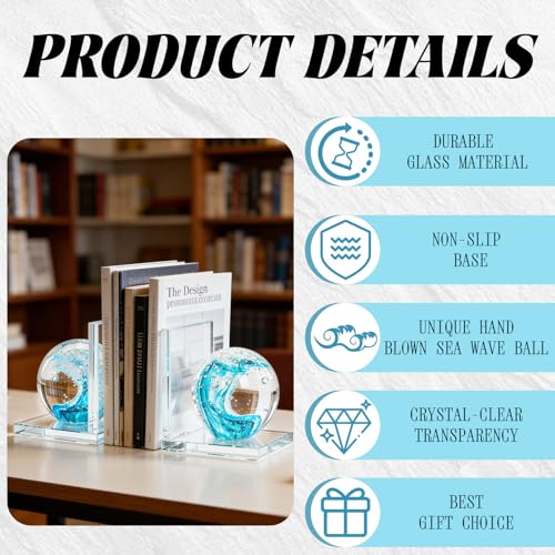 Decorative Bookends for Shelves, Hand Blown Ocean Crystal Ball Unique Bookends for Heavy Books, Office Desk Decor, Ideal for Ocean Lovers (Lake Blue) - color: Lake Blue