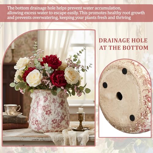 Ceramic Scroll Planter 6.5 Inch Chinoiserie Floral Vase with Drainage Holes Vintage Flower Vase Flower Pot Rustic Ceramic Pots for Indoor Plants Garden Home Bookshelf Decor(Retro Pink) - style: Retro Pink