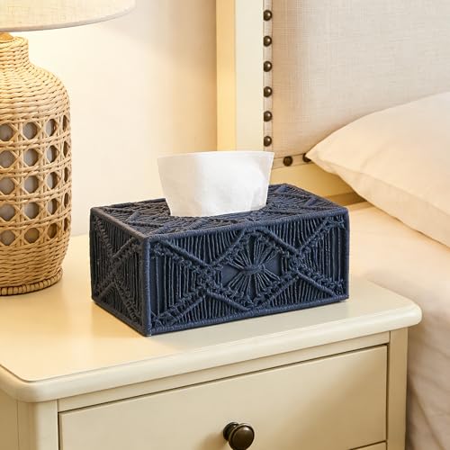 Woven Macrame Boho Tissue Box Cover Rectangular for Home Decor,Resin Heavy Woven Tissue Box Holder for Bathroom Kitchen Countertop,Bedroom, Vanity, Night Stand, Office, Waterproof Durable (Blue) - color: Boho Blue