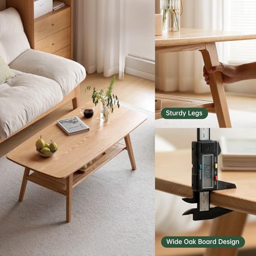 100% Solid Oak Wood Coffee Table for Living Room, 2-Tier Coffee Tables with Shelf Storage, Mid Century Modern Table with Rounded Corners (Natural Colour, 47.24" W x22.05 D x 17.32" H) - color: Natural Colour, size: 47.24"W x22.05" D x 17.32" H