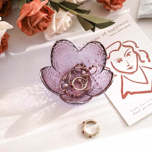 Gifts for Women Purple Flower Jewelry Ring Dish Tray,Decorative Glass Trinket Dish,Room Decor Aesthetic, Modern Accent Tray for Vanity (Purple A) - color: Purple A