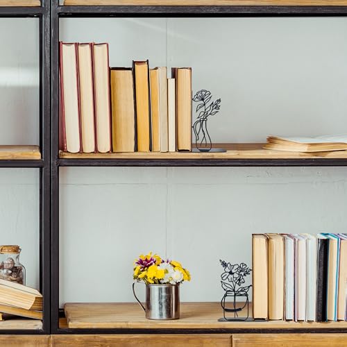 Metal Flower Book Ends, Cute Book Ends for Home Office Decor Decorative Book Ends for Shelves, Ideal Gift for Book Lovers(Black) - color: Black