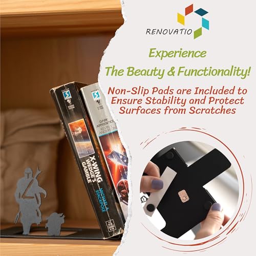 Renovatio Black Metal Bookend – Cute, Unique, Geeky Decor for Home, Office & Kids Room – Heavy Duty, Non-Slip Minimalist Bookends for Shelves – Mercenary & Baby - style: Mercenary