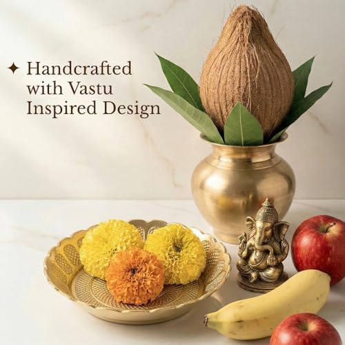 Shubhkart Brass Engraved Nakshi Plate Set 10.7cm (Pack of 5) Indian Decorative Ritual Plates for Puja, Meditation & Festive Décor | Traditional Hindu Offering Plates for Home Altar & Cultural Gifting - size: Large (Pack of 5)