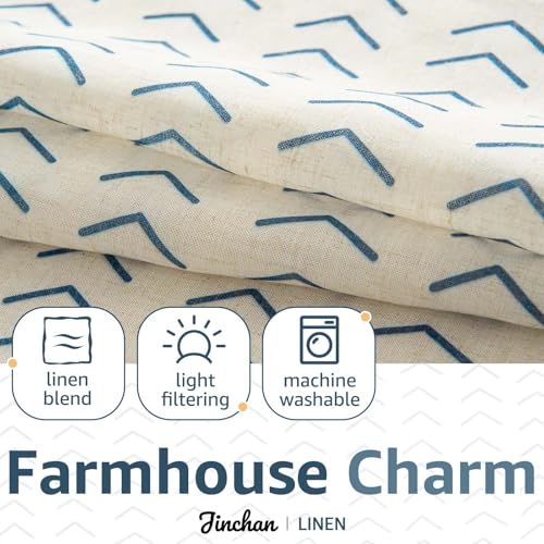 jinchan Boho Linen Blend Kitchen Curtains 24 Inch Length Herringbone Printed Tier Curtains for Small Windows Bathroom Cafe Laundry Room Set of 2 Rod Pocket Blue on Linen - color: Arrow | Blue on Linen, size: 26"W x 24"L (Pack of 2)