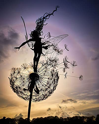 Fcteap Flower Fairy Dancing with Dandelion Garden Art Sculpture Stainless Steel Statue Christmas Halloween Decoration for Outdoor Yard Courtyard Lawn Patio Metal Ornaments (Open Hands) - style: Open Hands