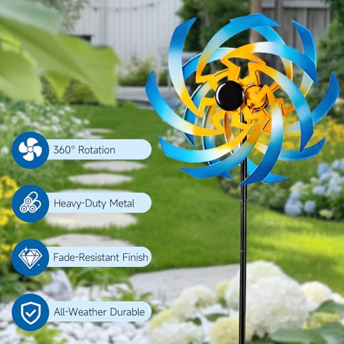Wind Spinners Outdoor Garden Decor, 360°Metal Kinetic Wind Sculpture Spinner, 16W*76H inch Windmill for Yard, Patio, Backyard, Garden Gifts for Women - color: Blue