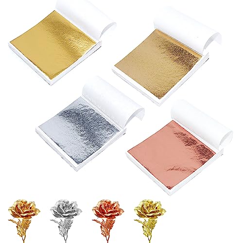 400 Pcs Imitation Rose Silver Gold Leaf Sheets for Resin, Gold Foils Sheets Paper Nail Foil for Paint, Resin, Nails, Jewelry, Arts, Gilding Crafting, Decoration, Sculpture, Furniture