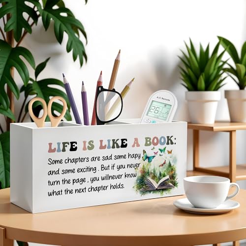 Inspirational Pencil Pen Holder for Desk, Life Is Like A Book Wooden Pencil Holder Organizer for Home Office Library Desk Accessories, Encouragement Gifts for Women - color: Color-Desk accessories white 12