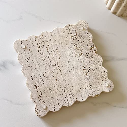 Vintage Natural Marble Tray Small Ornaments Scalloped Tray Handmade Storage Dish for Counter, Vanity, Dresser, Nightstand and Desk (Beige Travertine) - color: Beige Travertine