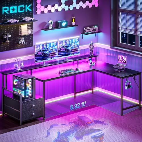 Korfile 66'' L Shaped Gaming Desk with Drawers and Storage Shelves, Reversible Corner Desk with Power Outlets and Host Stand, Large Computer Desk with Led Lights for Gaming, Work, Home Office, Black - color: Black