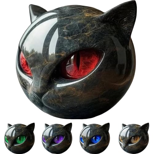 Black Cat Stone Sculpture Figurine Handcrafted Marble-Look Resin Statue with Amber Eyes, Elegant Home & Office Shelf Décor, Halloween Cat Figurine Gift for Animal Lovers (Red) - color: Red
