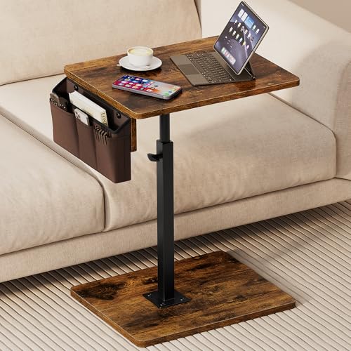 Vagusicc Sofa Armrest Tray Table for Couch, 360° Swivel Height Adjustable TV Tray Table for Small Spaces, Snack Side Table for Couch, Bed, Chair, C Shaped End Side Table for Eating, Reading, Laptop - color: Rustic Brown, style: With Storage Bag