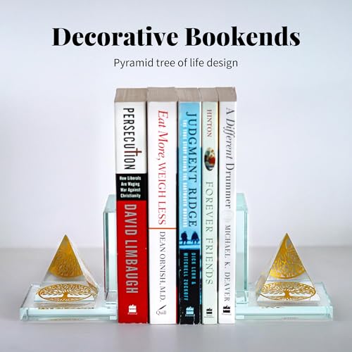 Crystal Bookends for Shelves 1 Pair, Glass Decorative Book Ends for Heavy Books, Non-Skid Book Stopper for Home Office School Supplies - color: Pyramid-tree of Life
