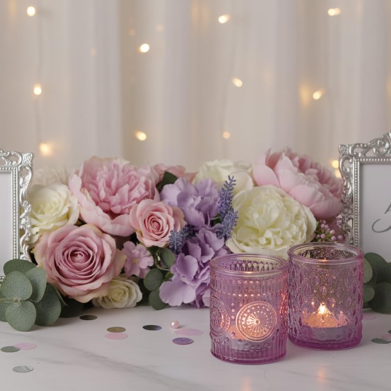 LETINE 16 Pack Purple Votive Candle Holders for Tea Lights Candles, Assorted Glass Candle Holder Bulk Set with 4 Patterns for Home Decor, Parties & Spring Summer Wedding Centerpieces - color: Purple