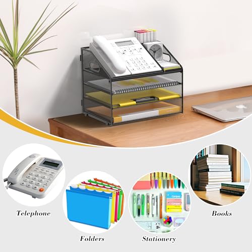 Letter Tray Paper, 4 Tier Desk Organizer with Pen Holder and Handle Mesh File Organizer Paper Sorter Metal Desktop Document Shelf for Office Home Classroom -Black - color: 4 Tier-black