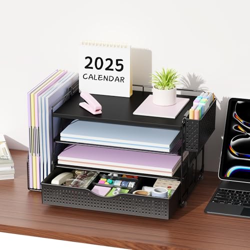 gianotter Wood Desk Organizers and Accessories with File Holder, 4-Tier Desk Accessories & Workspace Organizers with Drawer and Pen Holder, Paper Organizer for Office Supplies (Black) - color: Black