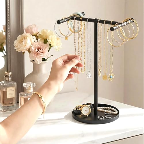 Necklace Holder Organizer, Metal Jewelry Stand to Prevent Bangles, Necklaces, Bracelets, Rings, Earrings and Watch Tangling - color: Black