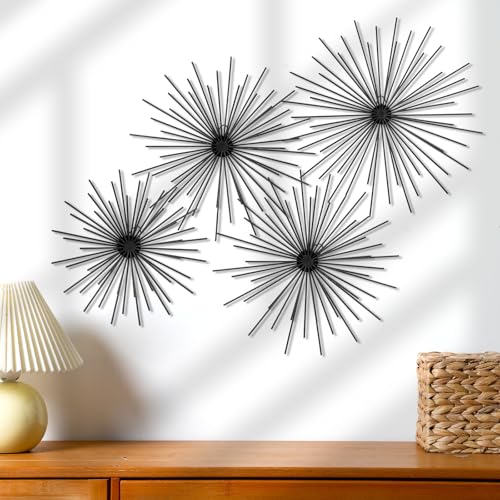 Shimeyao 4 Pcs Metal Starburst Wall Decor Black Metal Wall Art 3D Spike Bling Finish Star Burst Hangings Accents Sculptures Set Modern Mid Century Decorations for Living Room Bedroom Entryway - color: Black, style: Spike
