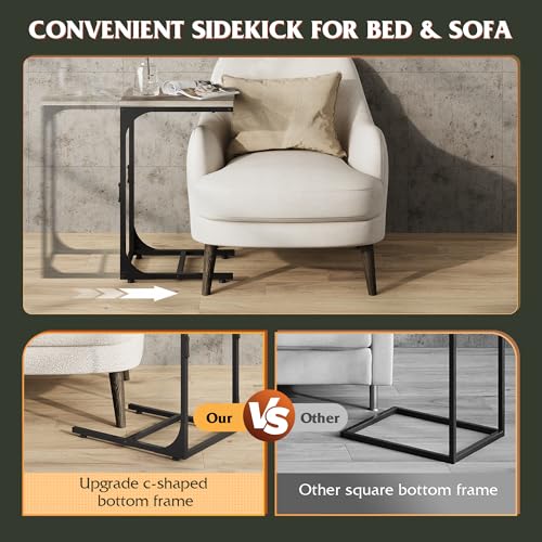 WLIVE C Shaped End Table, Small Couch Side Tables with Metal Frame, Sofa Table TV Tray for Living Room, Bedroom, Greige - color: Greige