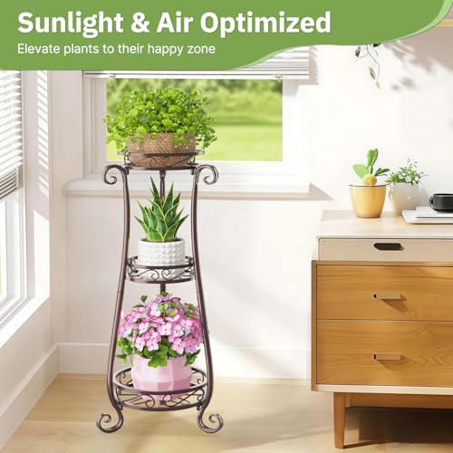 KMOTASUO 3 Tier Metal Plant Stand for Multiple Large Planters Indoor Outdoor Organizer, Heavy Duty Tall Flower Rack for Corner Patio Bathroom Office Corner, Modern Sturdy Vertical Iron Rack, Bronze - color: Bronze, size: 3 Tier