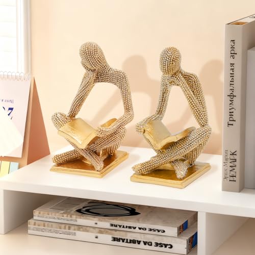 Sparkling Gold Reading Women Statue Set, Thinker Sculptures, Abstract Art Ornament, Modern Aesthetic Figurine Decoration for Home Living Room Bedroom Office Shelf Table Desk Bookshelf Decor - color: Left + Right