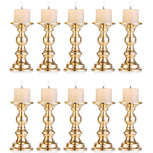 Set of 10 Gold Metal Pillar Candle Holders, Wedding Centerpieces Candlestick Holders for 2 inches Candles Stand Decoration Ideal for Weddings, Special Events, Parties - color: Gold, size: 10 Pcs