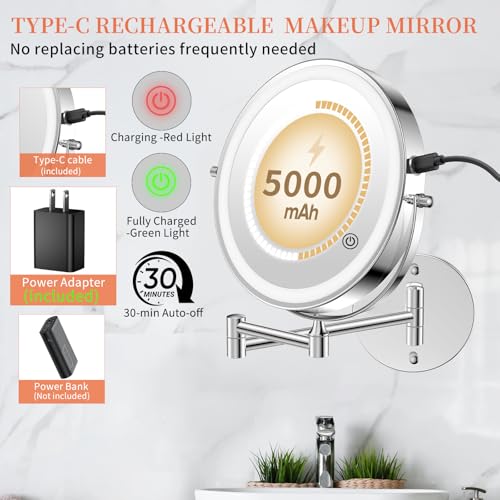 FUNTOUCH 5000mAh Rechargeable Wall Mounted Makeup Mirror with Lights, 9" Double Sided 1X/30X Magnifying Mirror with Dimmable 3 Color Light, Extended Swing Arm 360° Wall Mount Bathroom Mirror,Chrome - color: Chrome-30x
