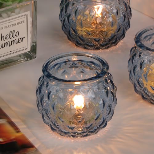 DARJEN Blue Votive Candle Holders Set of 24- Round Glass Candle Holders Bulk for Tea Light Candle, Diamond Texture Candle Votives for Wedding Centerpiece, Party & Home Decor - color: Blue