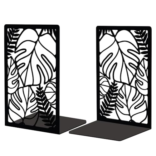 Peacoblue Metal Bookends for Shelves, Modern Decorative Heavy Duty Study Book Support Stoppers for Office, Desk, Shelf, Room 5.3"x4.3"x7.9" Cast Iron Bookends, 1 Pair (Tropical Monstera Deliciosa) - color: Tropical Monstera Deliciosa Leaves
