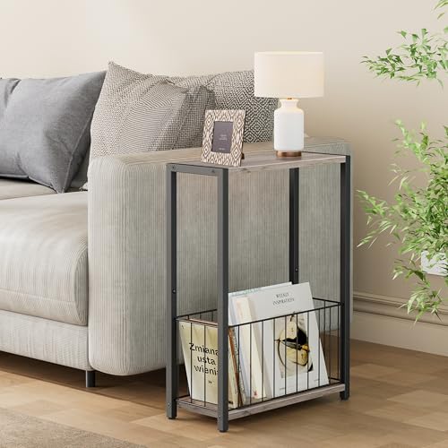Homleke Narrow Side Table with Magazine Holder, Skinny End Table Perfect for Small Spaces, Space-Saving Design for Living Room, Bedroom, or Office, 7.1" D x 16.9" W x 23.6" H, Greige - color: Greige - Standard