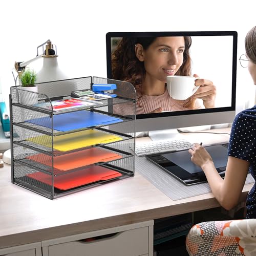 Legal/A4 5 Tier Paper Organizer,Paper Tray Holder for Desk,Letter Size File Holder/Sorter,File Folders Shelf Organizer for Office,School,Home,Solid Steel,Mesh,Sturdy,Leakproof,Large Capacity