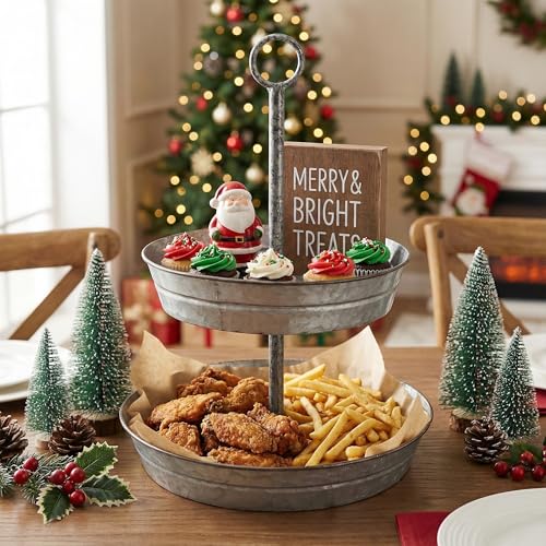 FLORA Farmhouse 2 Tiered Galvanized Serving Tray Stand with Carry Handle, Rustic Metal Display Tray for Cupcake Dessert Fruit, Silver - size: 13" x 13" x 16.5"