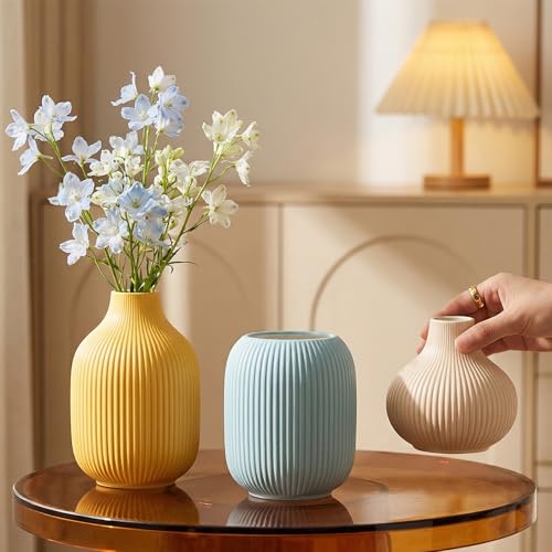 Set of 3 Small Matte Vibrant Ceramic Vases in Light Blue, Mustard Yellow and Beige - Modern Minimalist Ribbed Decor for Centerpiece, Farmhouse Living Room, Kitchen Shelf, Gift Idea - color: Round-white/Blue/Yellow