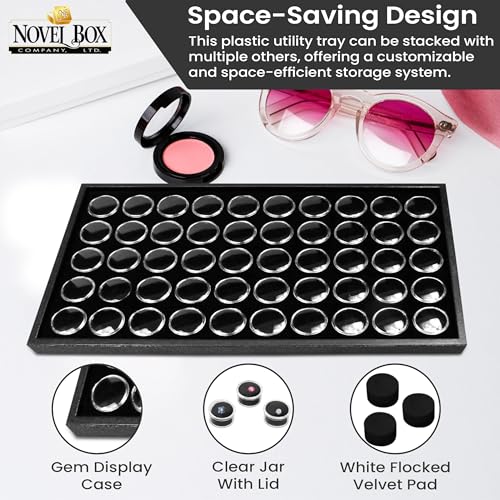 Novel Box Jewelry Display Tray Black Plastic 8.25 x 14.75 x 1 Large Jewelry Tray with 50 Gem Jars Insert | Rectangular Display Trays for Collectibles | Rock Collection Tray | Gem Display Tray - color: 50-Gem Jars Black Foam Liner, size: Plastic Tray: 8.25