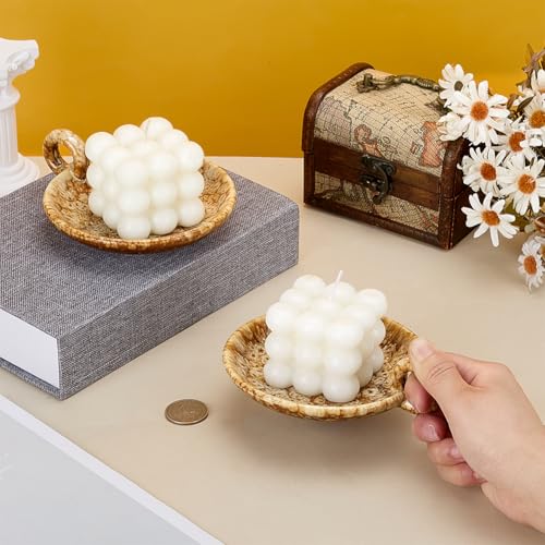 PH PandaHall 2pcs Vintage Ceramic Candle Tray, 4.9 inch Rustic Candle Holder Incense Holders with Handle Camel Plate Cup Holder for Tea Lights Pillar Candles Cup Home Decor Housewarming Decor - color: Camel