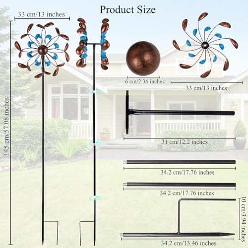 Wind Spinner Outdoor, Wind Sculpture Spinner with Metal Stake, Yard Art Decor for Patio, Lawn & Garden 13 * 57 inches - size: 13‘’Blue Copper