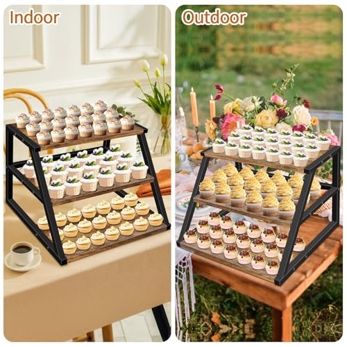 Cupcake Stand, 3 Tier Large Cupcake Stand for 50 Cupcakes Rustic Cupcake Display Stand Square Wood Dessert Table Display Set Cupcake Tower Tiered Tray Stand for Wedding Birthday Graduation Baby Shower - color: Wood