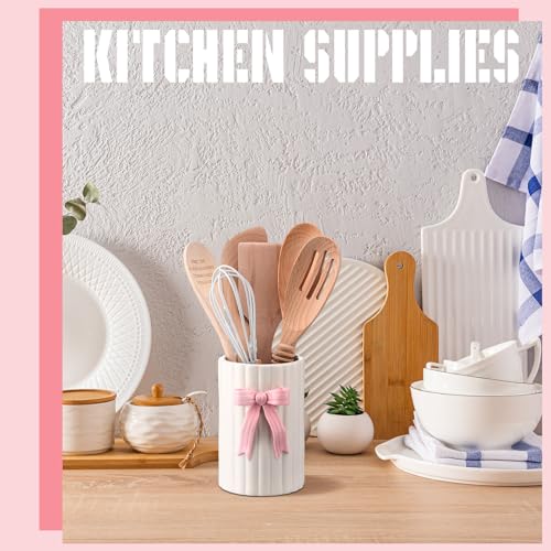 LemonRoad Pink Bow Ceramic Utensil Holder 3D Coquette Handmade Pink Kitchen Decor Mothers Day Kitchen Gifts Cooking Utensil Crock with Scalloped Preppy Caddy Pen Holder Vase for Countertop Spoon - color: Pink, style: Bow