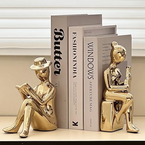 Decorative Book Ends Ceramic Bookends for Shelves, Home Office Decor Aesthetic Statues Book Stopper for Bookshelf Table Bedroom Living Room Decoration (Gold) - color: Gold