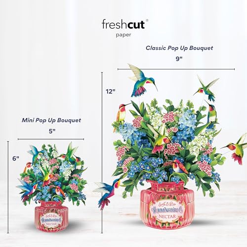 Freshcut Paper Pop Up Cards, Mini Hummingbird Oasis, 6 Inch Life Sized Forever Flower Bouquet 3D Popup Greeting Card, Birthday Cards, Thank You Card, Blank Notecard & Envelope - color: Hummingbird Oasis, size: Mini