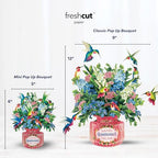 Freshcut Paper Pop Up Cards, Mini Hummingbird Oasis, 6 Inch Life Sized Forever Flower Bouquet 3D Popup Greeting Card, Birthday Cards, Thank You Card, Blank Notecard & Envelope - color: Hummingbird Oasis, size: Mini