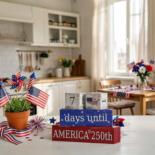 Smile Patriotic 250th Anniversary Countdown Calendar - Wooden Blocks Decor with Days Until Sign, 4th of July & Memorial Day Tiered Tray Decor, American Holiday Home Decor - style: Countdown