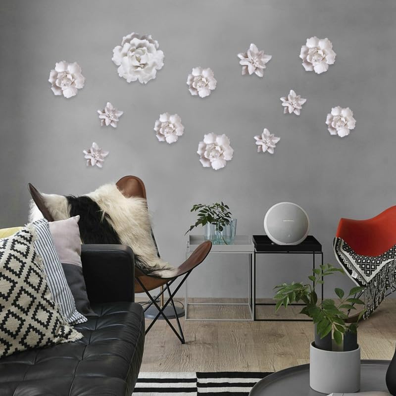 Ceramic Flower Wall Decor Handmade 3D Wall Art Hanging Sculpture White Flower Wall Decor Peony 4.72" (Large) - color: White, size: Large