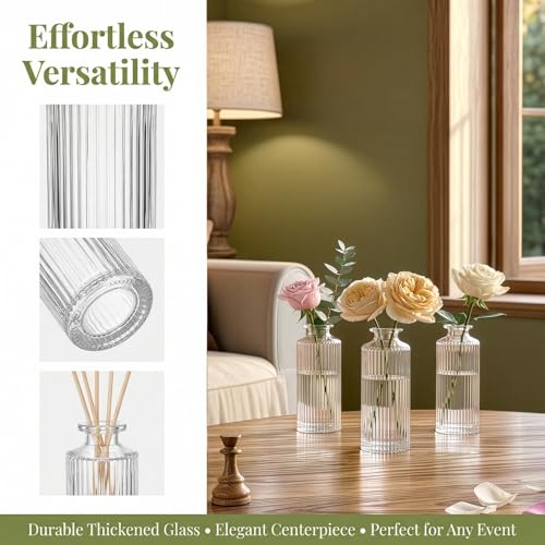 Nicunom 24 Pcs Glass Bud Vases Set, Small Vintage Ribbed Bud Vase in Bulk Decorative Vases Clear Mini Flower Vase for Centerpiece, Table Decorations, Wedding Reception, Home Decor, and Events
