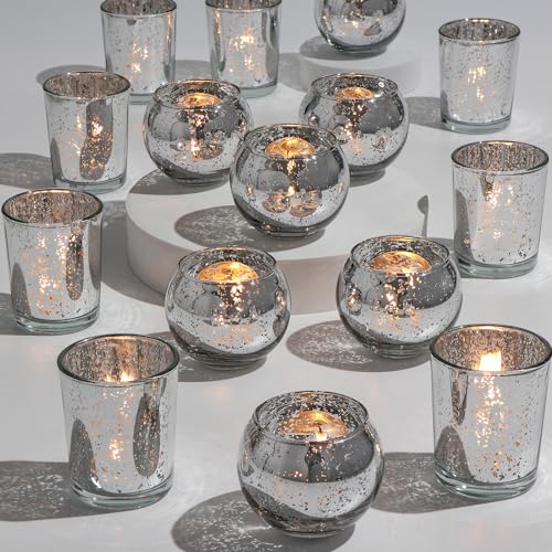 DEVI 48PCS Assorted Votive Candle Holders, Mercury Glass Candle Holder for Party,Wedding Centerpieces for Tables,Birthday Table Decor - color: Silver
