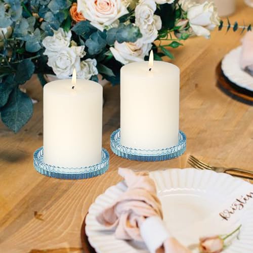 Glass Pillar Candle Holder, 4" Blue Candle Plates Set of 6, Glass Candle Holders for Wedding, Party, Holiday, Home Decor, Table Centerpiece - color: Blue, size: 6 pcs